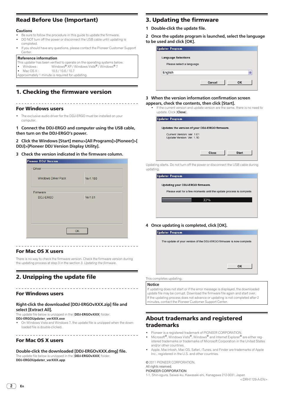 Read before use (important), Checking the firmware version, Unzipping the update file | Updating the firmware, About trademarks and registered trademarks, For windows users, For mac os x users | Pioneer DDJ-ERGO-V User Manual | Page 2 / 2