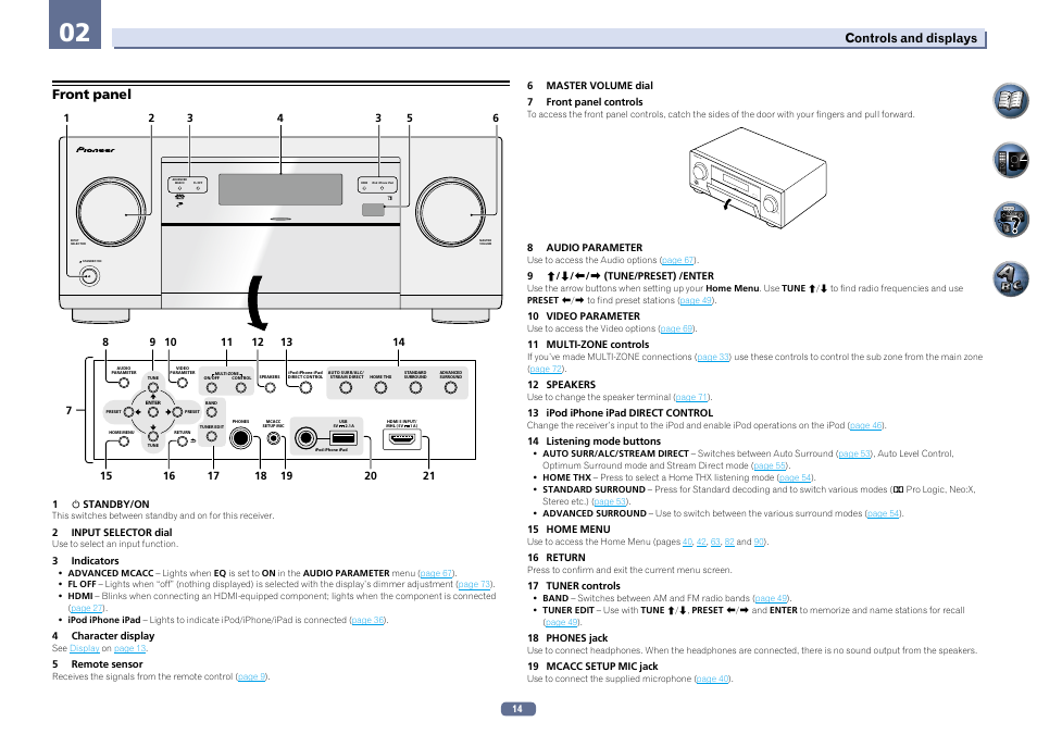 Front panel, Master volume sta ndb y/on inpu t selector | Pioneer SC-LX56-S User Manual | Page 14 / 124