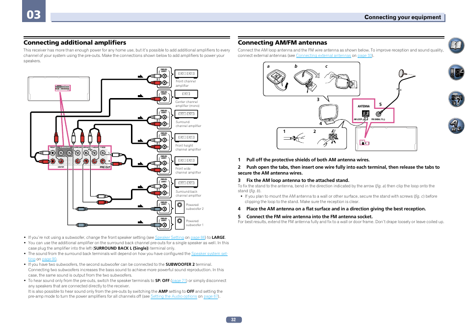Antenna am loop fm unbal 75, Connecting additional amplifiers, Connecting am/fm antennas | Connecting your equipment | Pioneer SC-LX56-S User Manual | Page 32 / 124