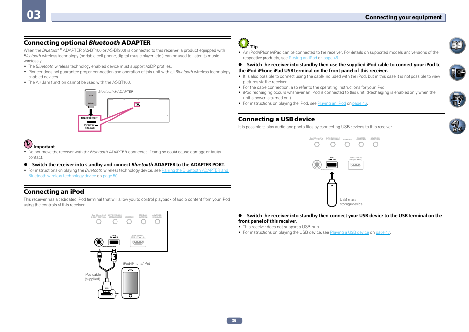 Output 5 v 0.1 a max) adapter port, Connecting optional bluetooth adapter, Connecting an ipod | Connecting a usb device, Connecting your equipment | Pioneer SC-LX56-S User Manual | Page 36 / 124