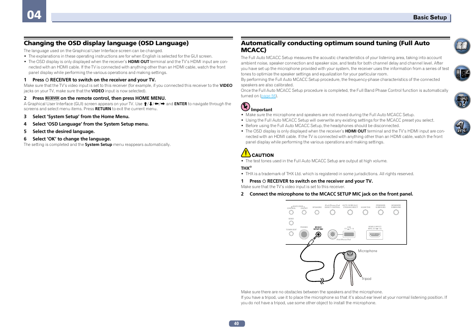 Changing the osd display language (osd language), Basic setup | Pioneer SC-LX56-S User Manual | Page 40 / 124