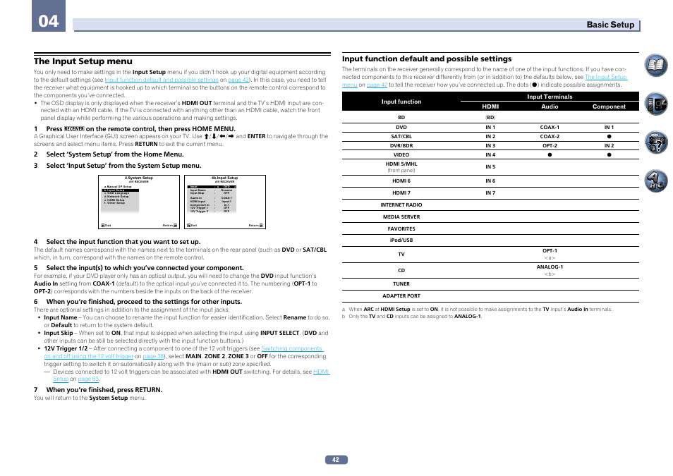 The input setup menu, Basic setup, Input function default and possible settings | Pioneer SC-LX56-S User Manual | Page 42 / 124