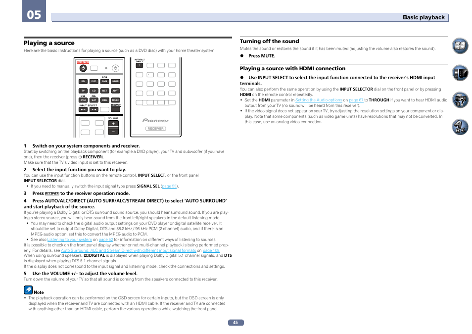 Playing a source, Basic playback | Pioneer SC-LX56-S User Manual | Page 45 / 124