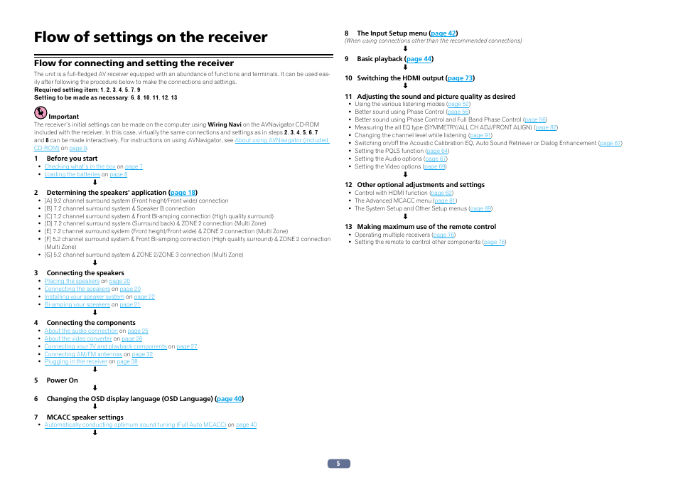 Flow of settings on the receiver, Flow for connecting and setting the receiver | Pioneer SC-LX56-S User Manual | Page 5 / 124