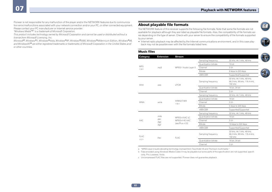 About playable file formats, Playback with network features | Pioneer SC-LX56-S User Manual | Page 61 / 124