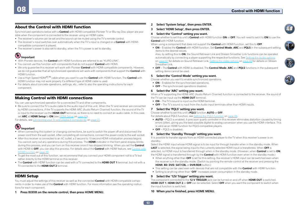 About the control with hdmi function, Making control with hdmi connections, Hdmi setup | Pioneer SC-LX56-S User Manual | Page 63 / 124