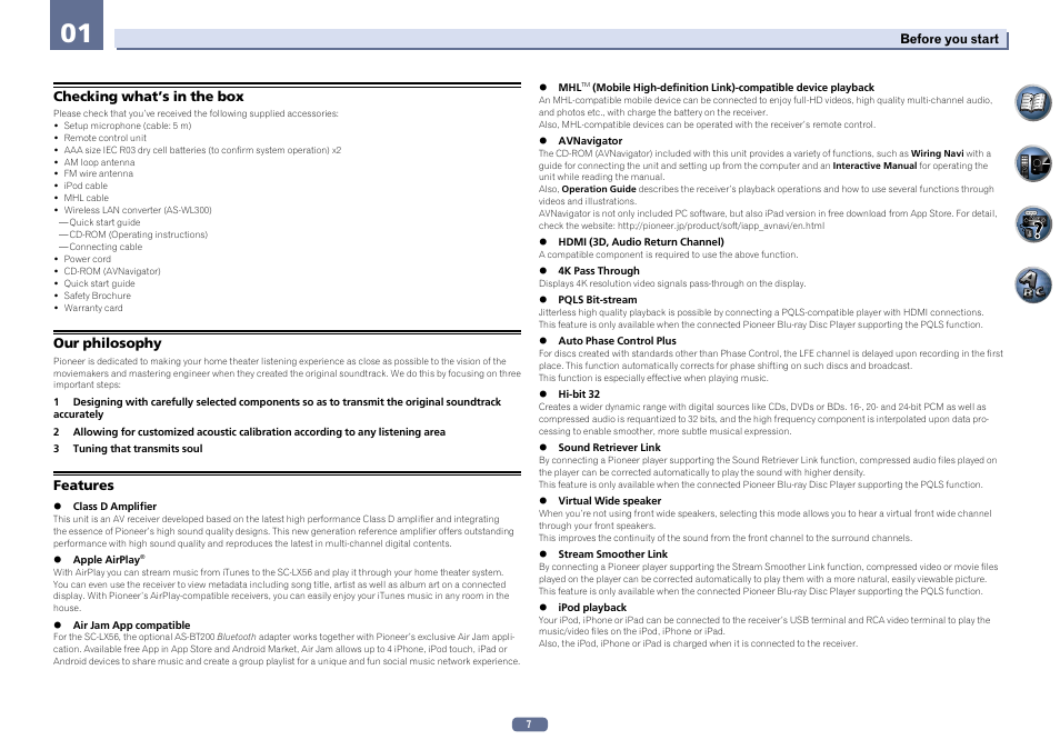 Checking what’s in the box our philosophy features | Pioneer SC-LX56-S User Manual | Page 7 / 124