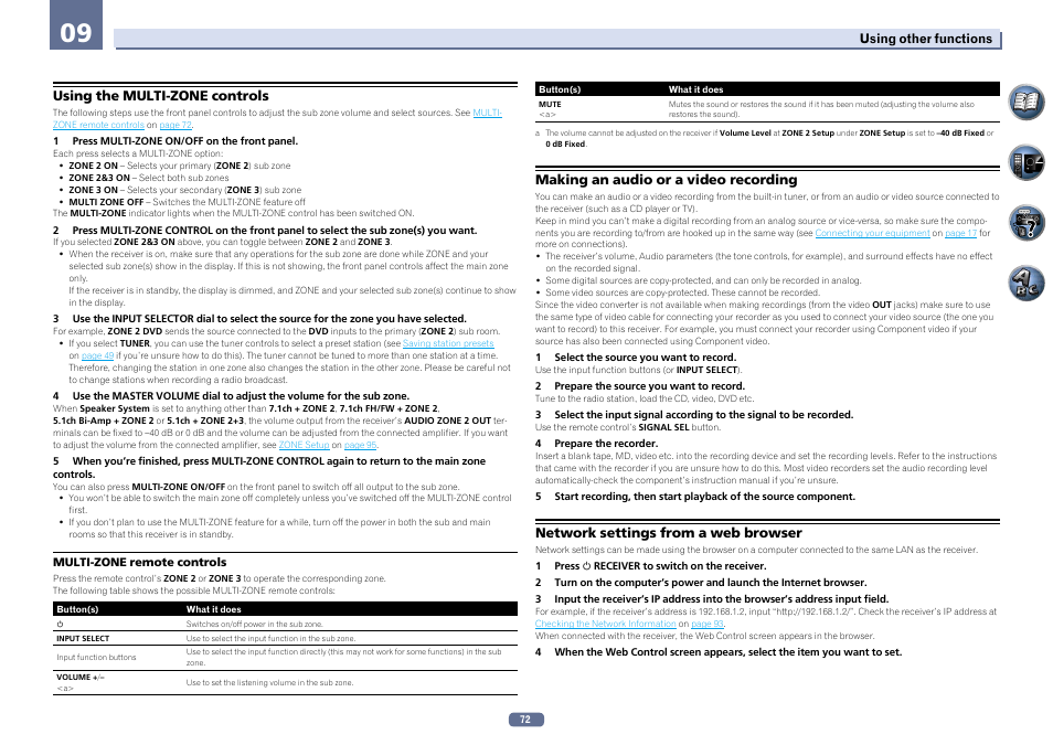 Using the multi-zone controls, Making an audio or a video recording, Network settings from a web browser | Pioneer SC-LX56-S User Manual | Page 72 / 124