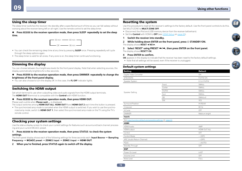 Using the sleep timer, Dimming the display, Switching the hdmi output | Checking your system settings, Resetting the system | Pioneer SC-LX56-S User Manual | Page 73 / 124