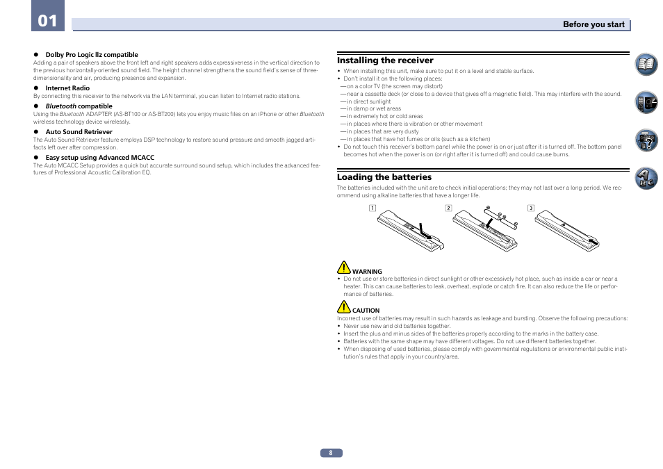 Installing the receiver loading the batteries | Pioneer SC-LX56-S User Manual | Page 8 / 124