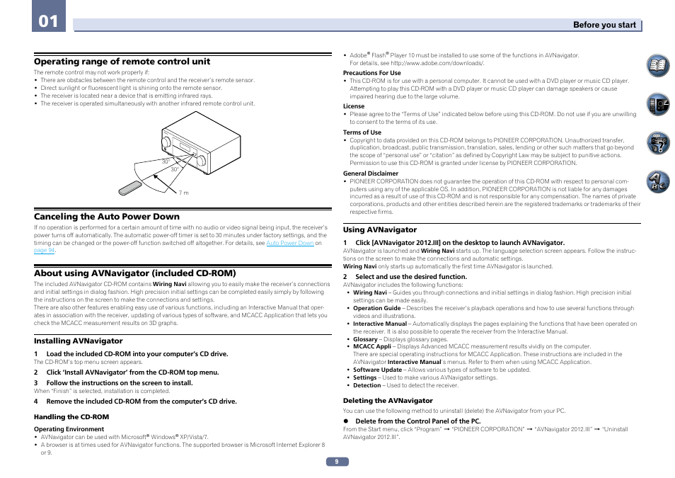Operating range of remote control unit, Canceling the auto power down, About using avnavigator (included cd-rom) | Pioneer SC-LX56-S User Manual | Page 9 / 124