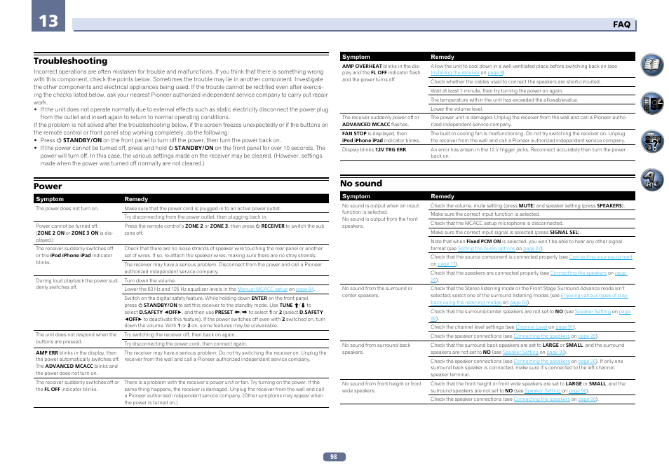 Troubleshooting power no sound, Troubleshooting, Power | No sound | Pioneer SC-LX56-S User Manual | Page 98 / 124