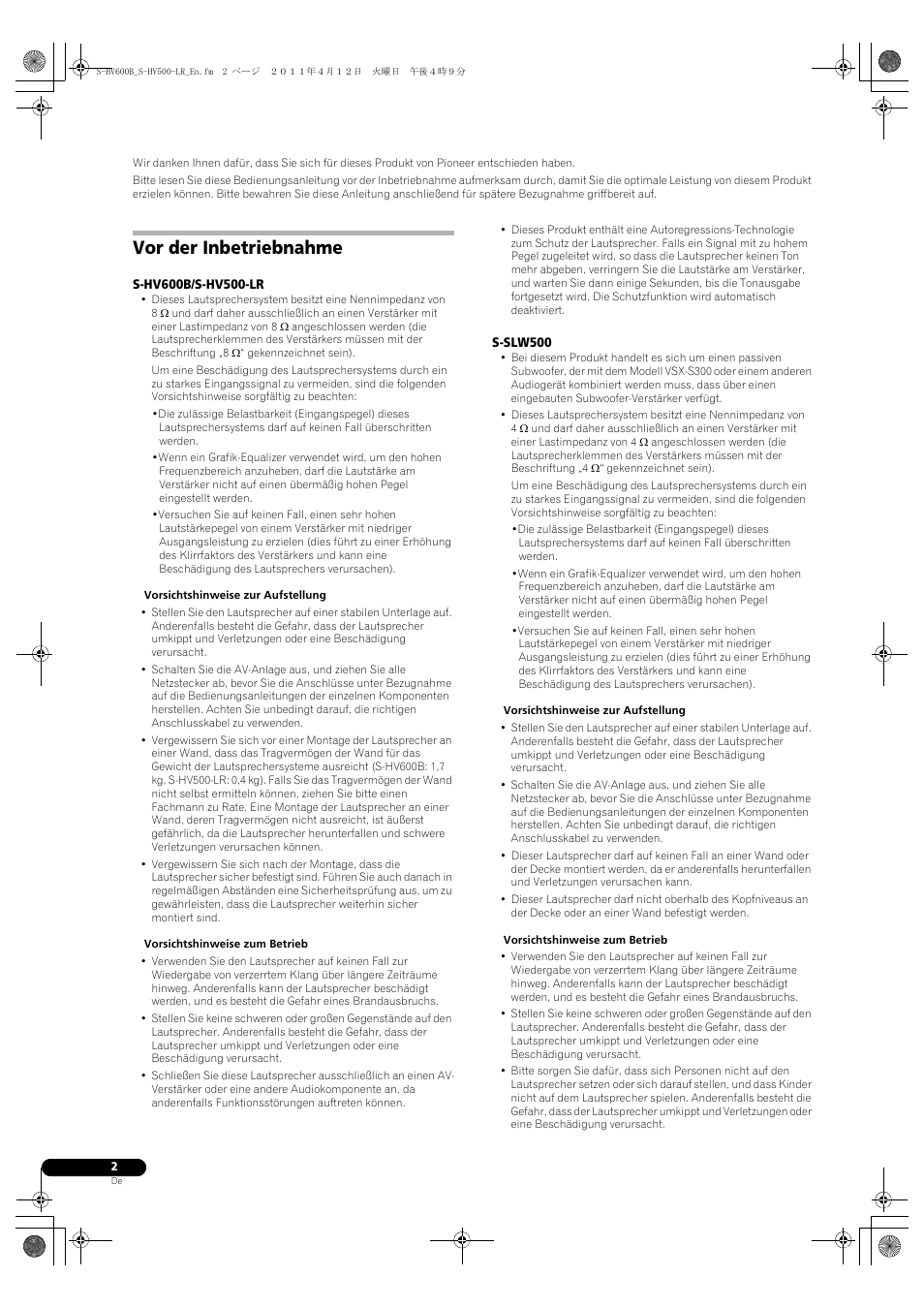 Subwoofer, Vor der inbetriebnahme | Pioneer HTP-SLH500 User Manual | Page 18 / 108