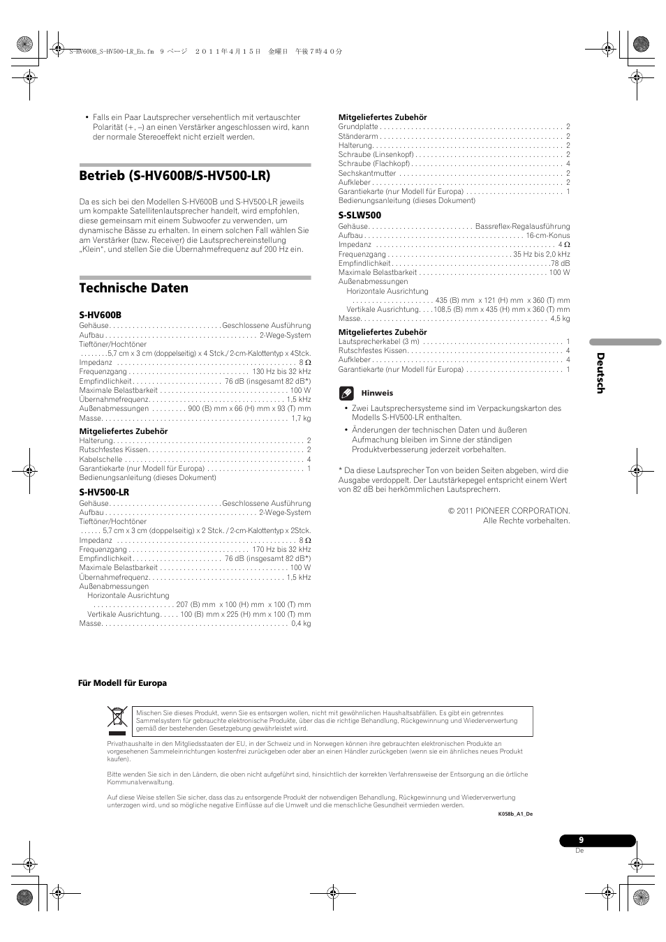 Technische daten | Pioneer HTP-SLH500 User Manual | Page 25 / 108