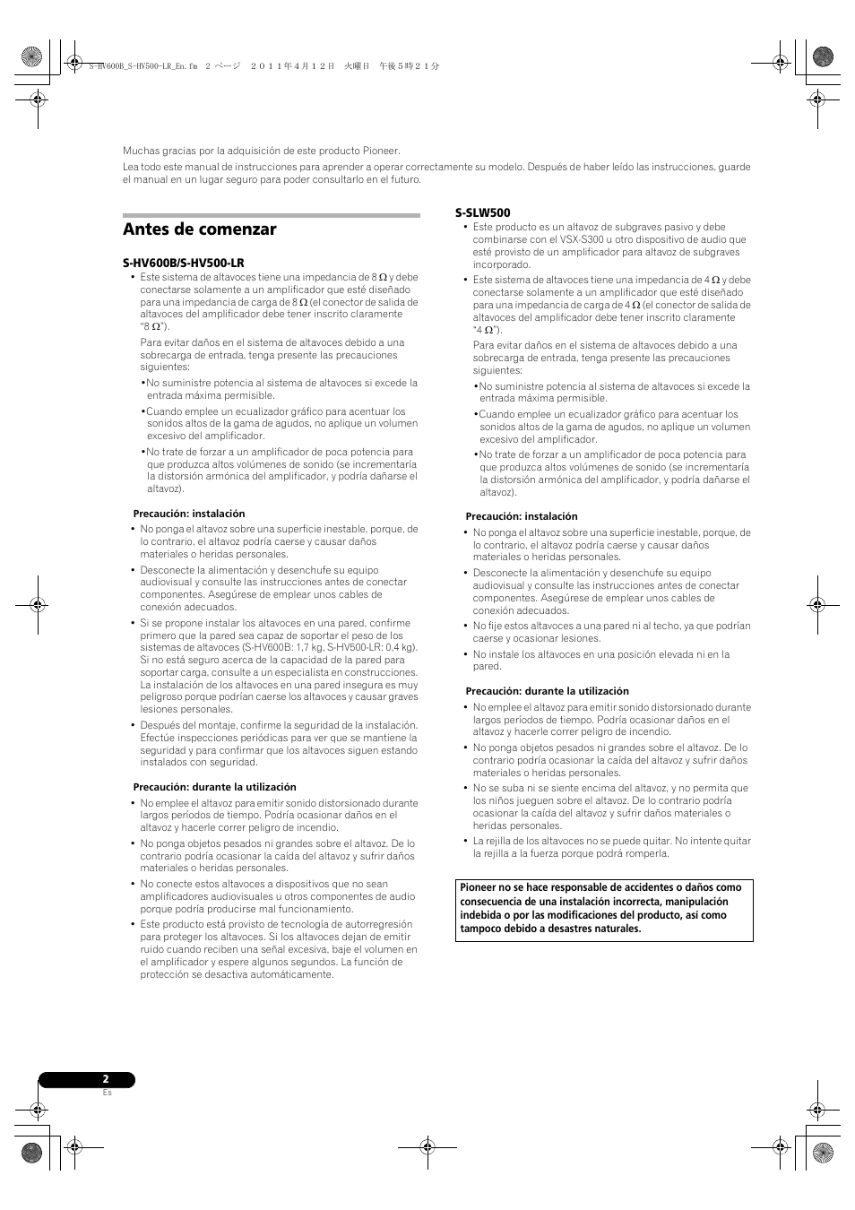 Altavoz de subgraves, Antes de comenzar | Pioneer HTP-SLH500 User Manual | Page 42 / 108