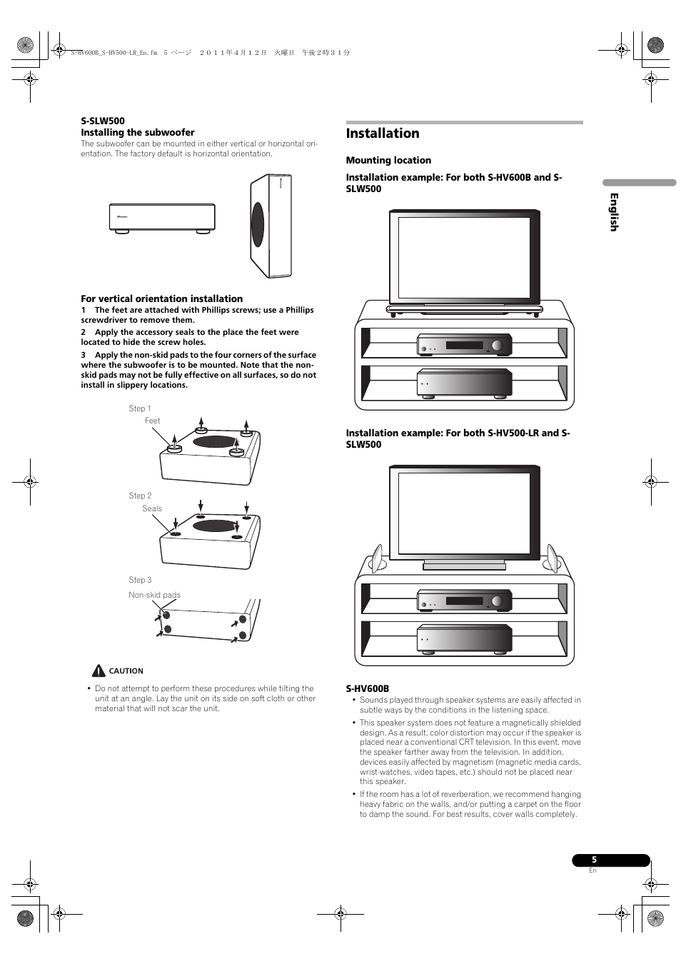 Installation | Pioneer HTP-SLH500 User Manual | Page 5 / 108
