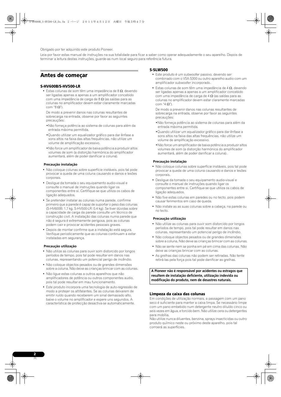 Subwoofer, Antes de começar | Pioneer HTP-SLH500 User Manual | Page 50 / 108