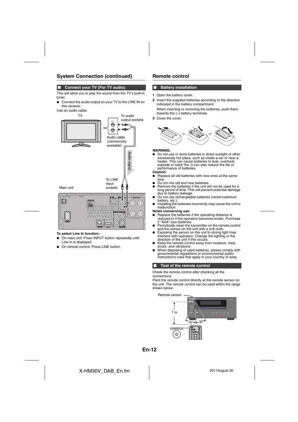 Remote control, En-12, X-hm30v_dab_en.fm | System connection (continued) | Pioneer X-HM30DAB-K User Manual | Page 12 / 48