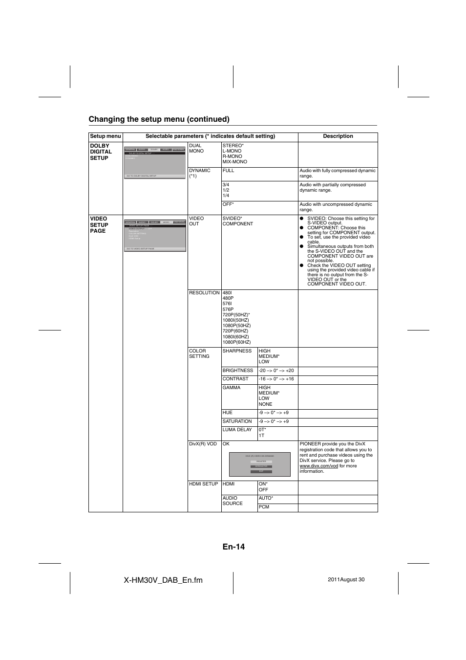 En-14, X-hm30v_dab_en.fm, Changing the setup menu (continued) | Pioneer X-HM30DAB-K User Manual | Page 14 / 48