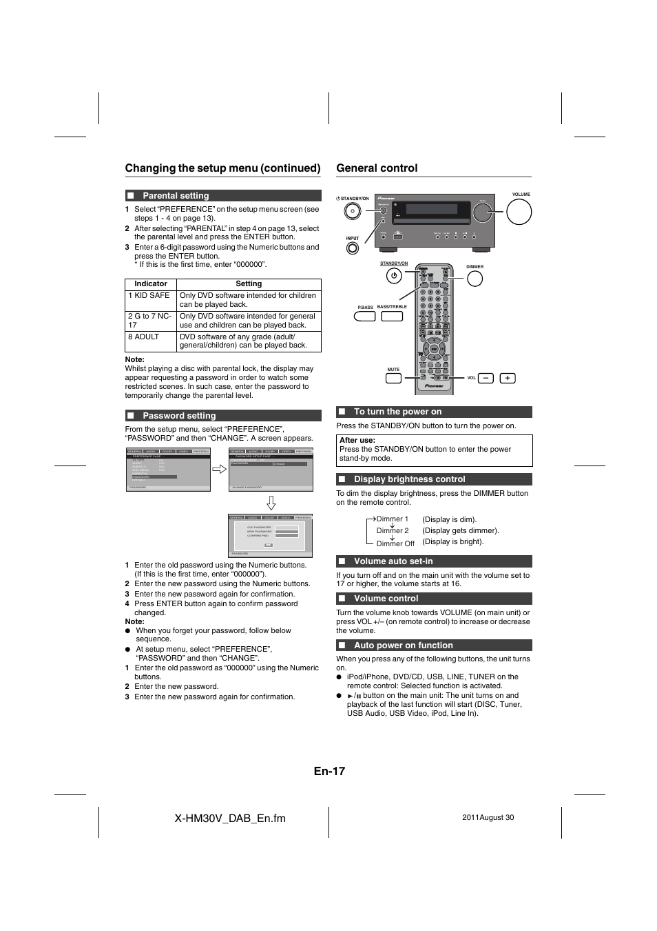 General control - 18, En-17, X-hm30v_dab_en.fm | Changing the setup menu (continued), General control, Dvd/cd tuner/dab scan enter(dab) display | Pioneer X-HM30DAB-K User Manual | Page 17 / 48