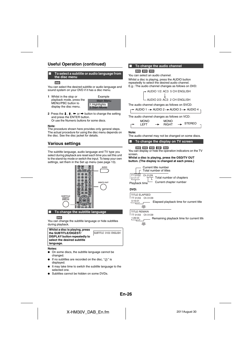 Various settings - 27, En-26, X-hm30v_dab_en.fm | Useful operation (continued), Various settings | Pioneer X-HM30DAB-K User Manual | Page 26 / 48