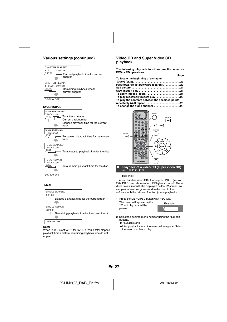 Video cd and super video cd playback - 29, En-27, X-hm30v_dab_en.fm | Various settings (continued), Video cd and super video cd playback | Pioneer X-HM30DAB-K User Manual | Page 27 / 48