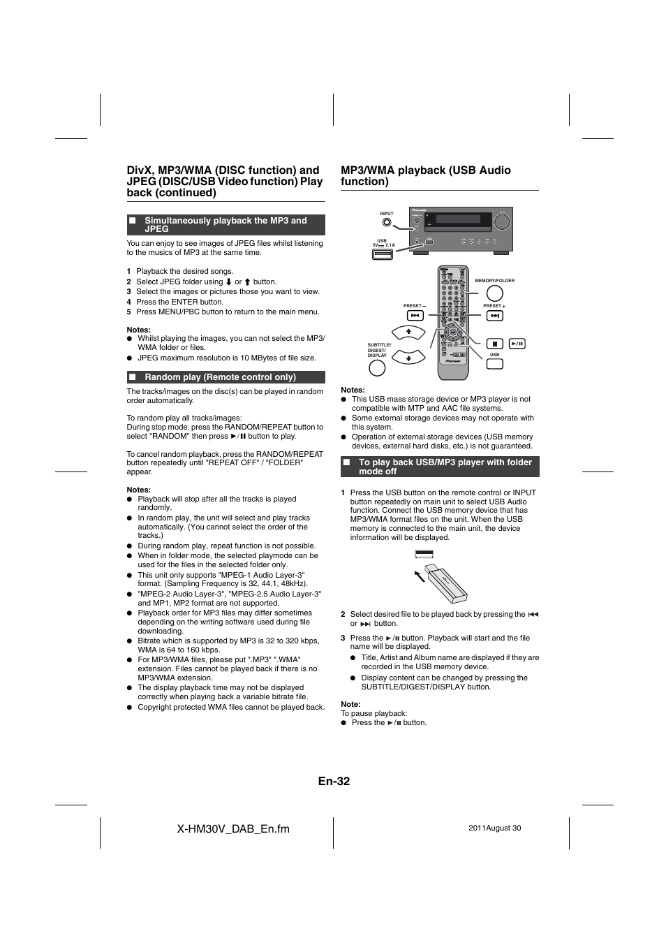 Mp3/wma playback (usb audio function) - 35, En-32, X-hm30v_dab_en.fm | Mp3/wma playback (usb audio function) | Pioneer X-HM30DAB-K User Manual | Page 32 / 48