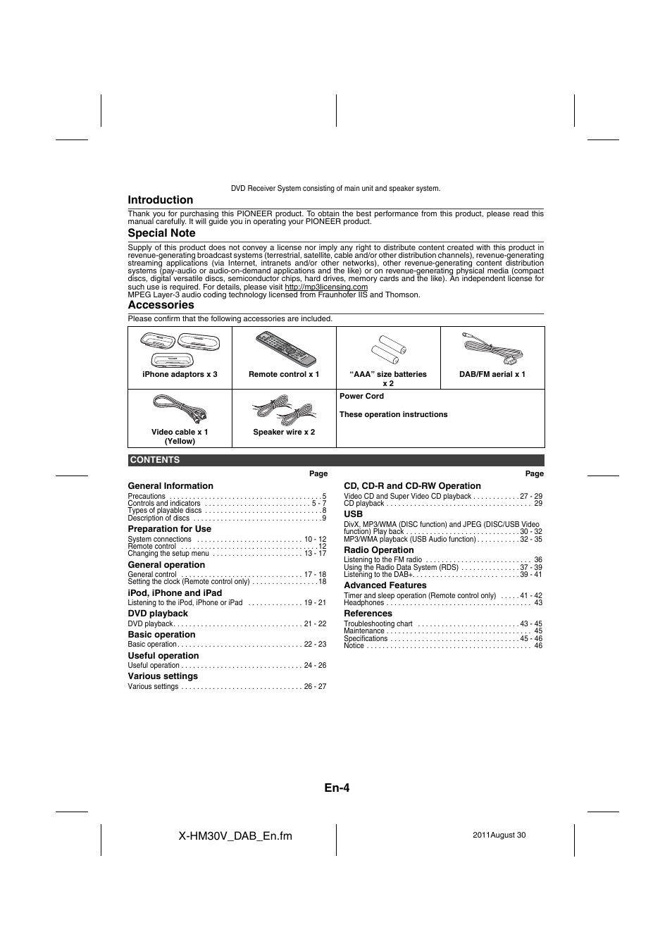 En-1, X-hm30dab, Dvd receiver system | Operating instructions | Pioneer X-HM30DAB-K User Manual | Page 4 / 48