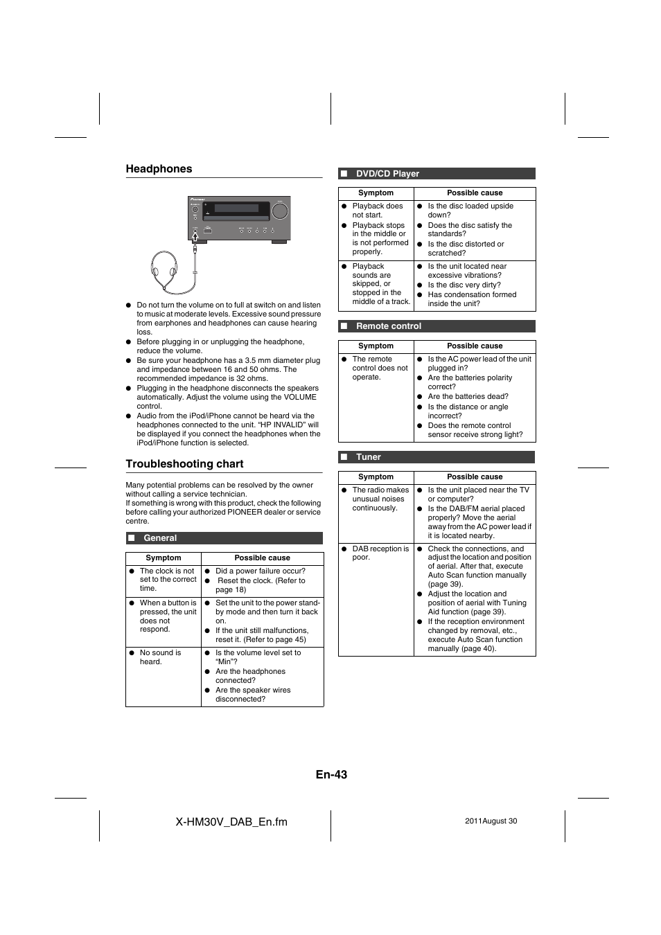 Headphones, Troubleshooting chart - 45, En-43 | X-hm30v_dab_en.fm, Troubleshooting chart | Pioneer X-HM30DAB-K User Manual | Page 43 / 48