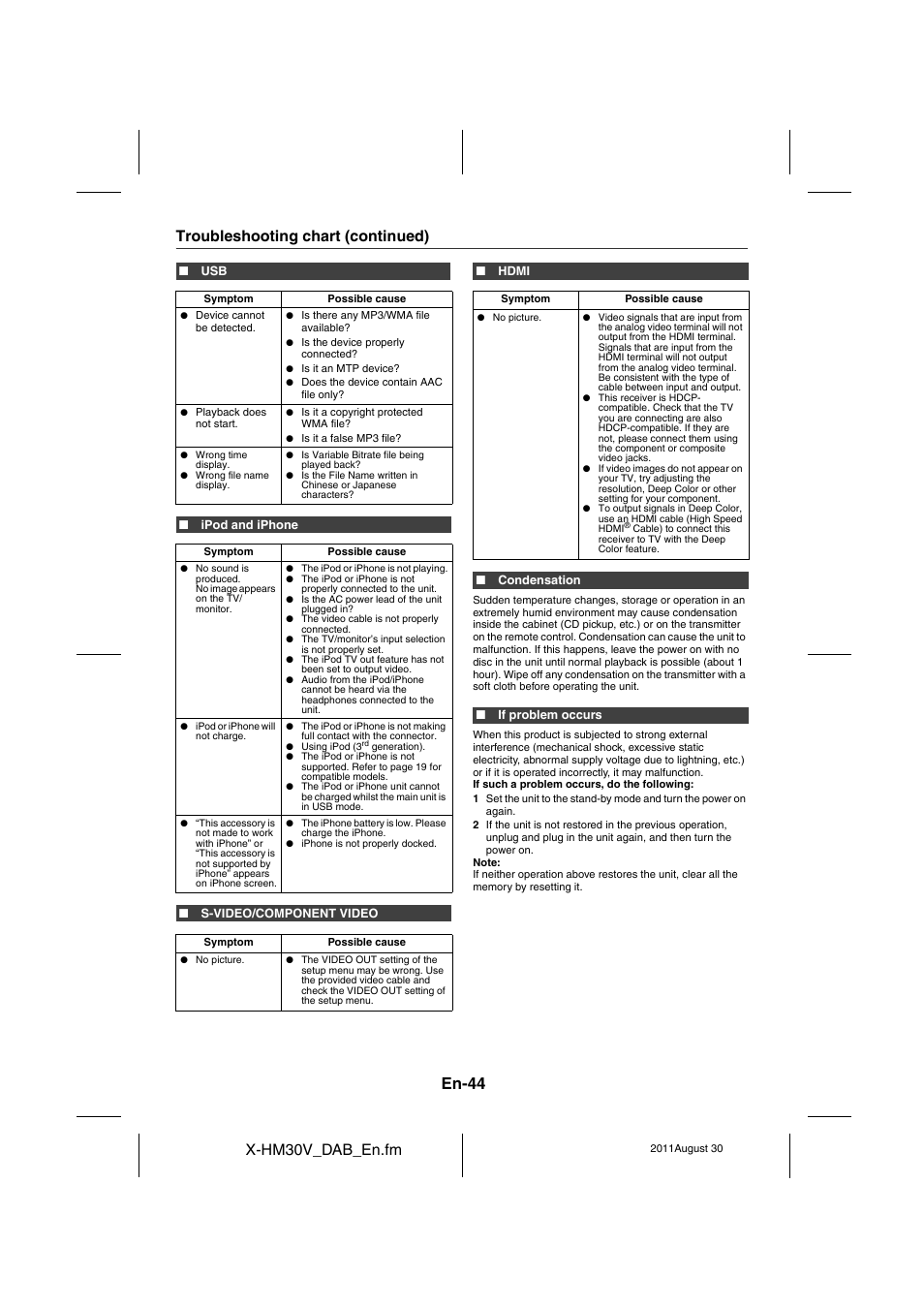 En-44, X-hm30v_dab_en.fm, Troubleshooting chart (continued) | Pioneer X-HM30DAB-K User Manual | Page 44 / 48