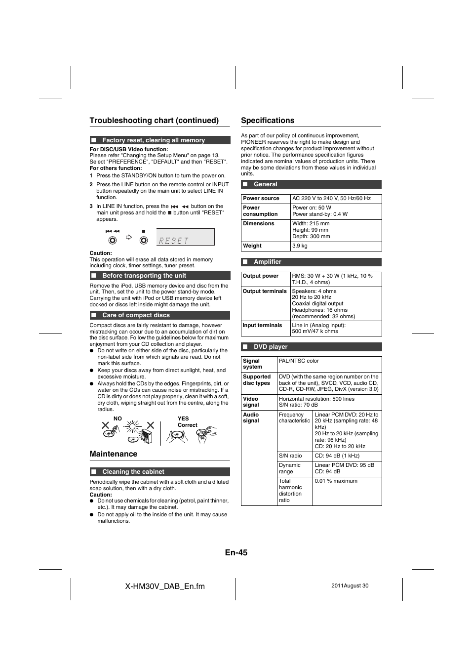 Maintenance, Specifications - 46, En-45 | Pioneer X-HM30DAB-K User Manual | Page 45 / 48