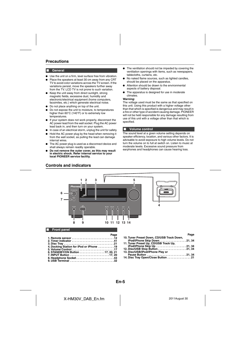 Precautions, Controls and indicators - 7, En-5 | X-hm30v_dab_en.fm, Controls and indicators | Pioneer X-HM30DAB-K User Manual | Page 5 / 48