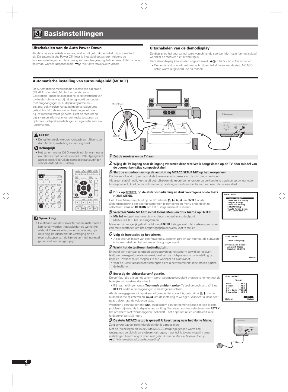 Basisinstellingen, Portable / mcacc setup mic phones standby/on, Automatische instelling van surroundgeluid (mcacc) | Uitschakelen van de auto power down, Uitschakelen van de demodisplay | Pioneer VSX-S300 User Manual | Page 20 / 32