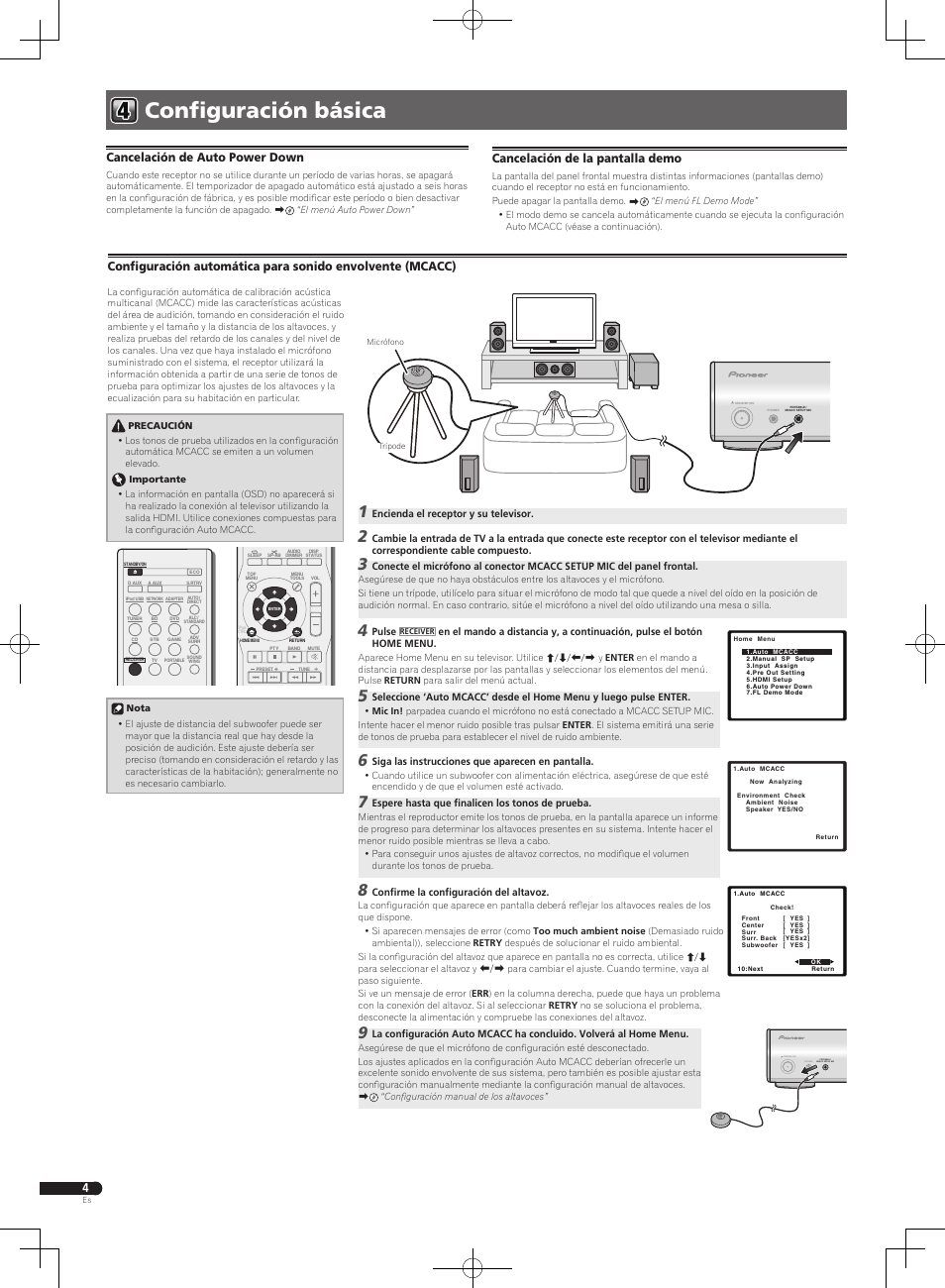Configuración básica, Portable / mcacc setup mic phones standby/on, Cancelación de auto power down | Cancelación de la pantalla demo | Pioneer VSX-S300 User Manual | Page 24 / 32