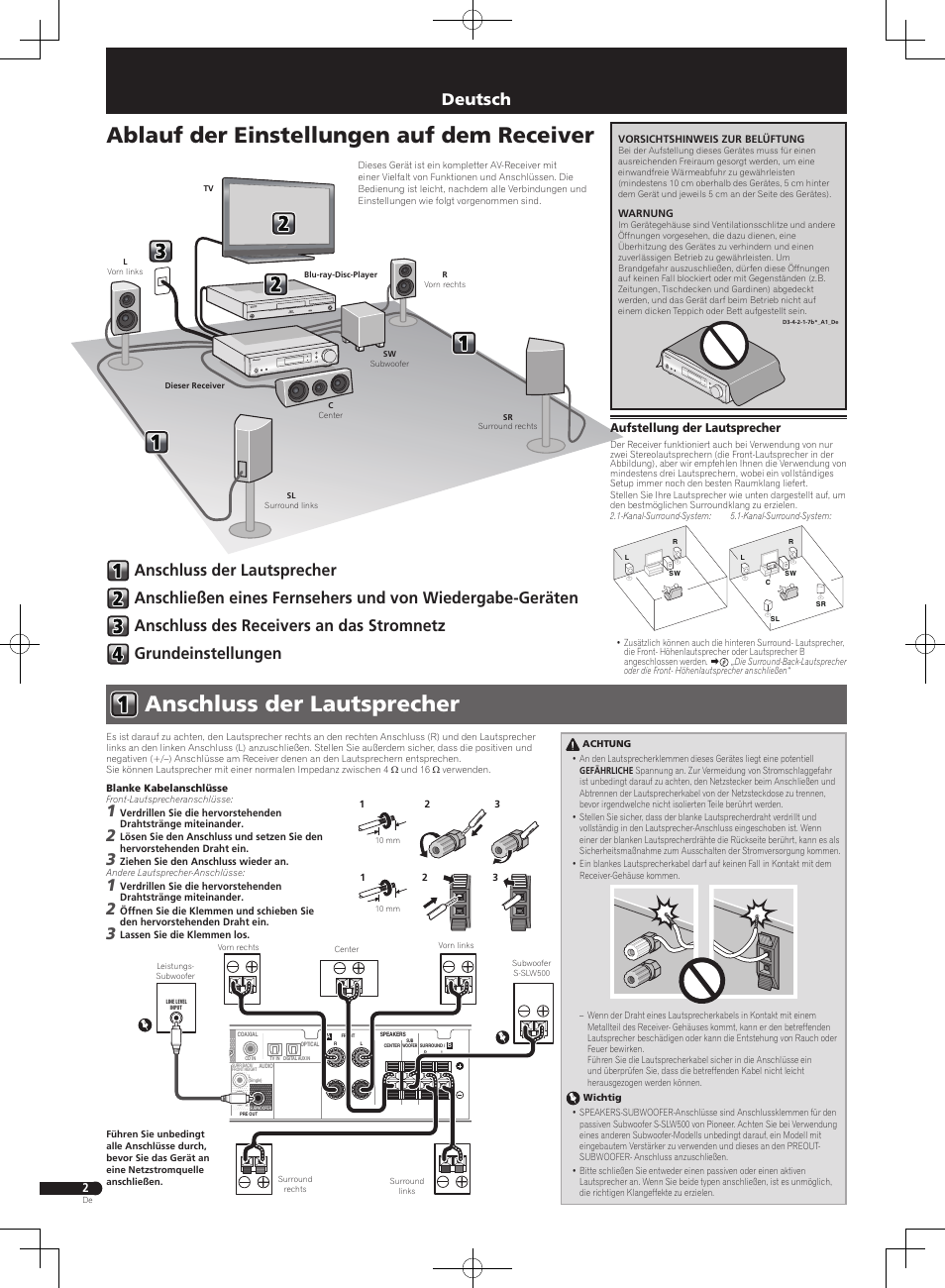 Kurzanleitung, Audio-/video- mehrkanal-receiver, Anschluss der lautsprecher | Ablauf der einstellungen auf dem receiver, Deutsch | Pioneer VSX-S300 User Manual | Page 26 / 32