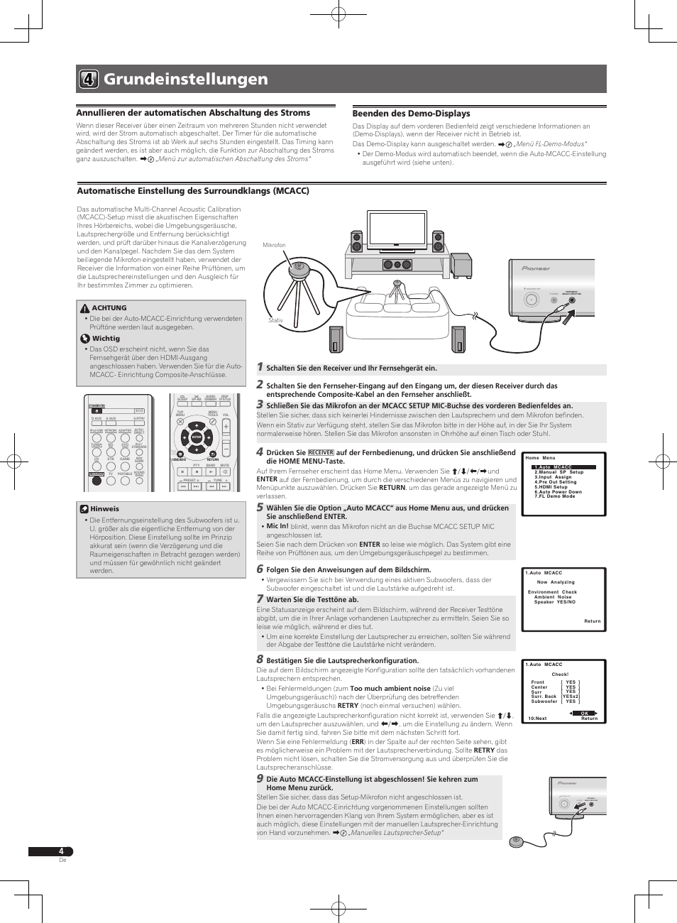 Grundeinstellungen, Portable / mcacc setup mic phones standby/on, Beenden des demo-displays | Pioneer VSX-S300 User Manual | Page 28 / 32