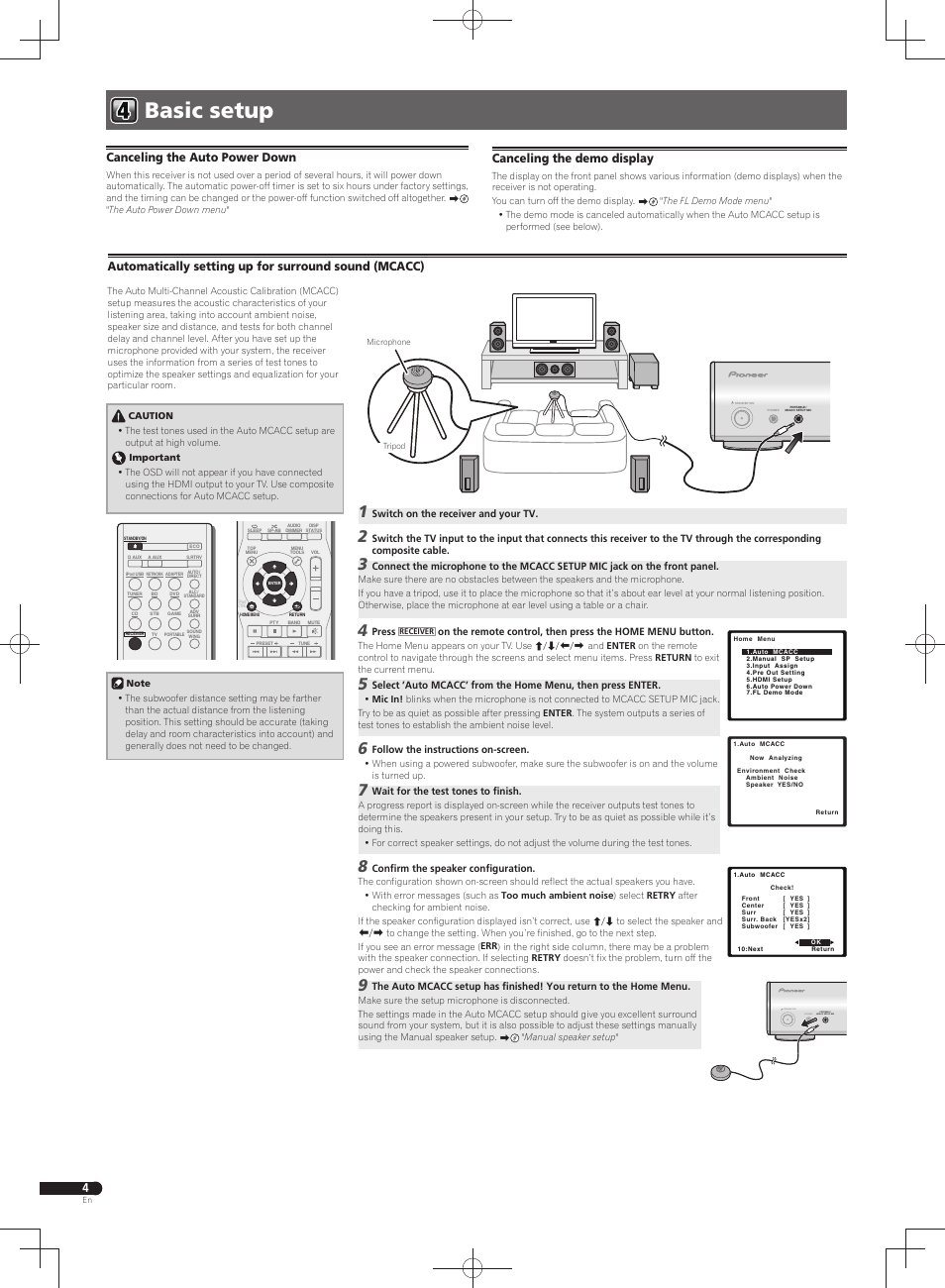 Basic setup, Portable / mcacc setup mic phones standby / on, Canceling the auto power down | Canceling the demo display | Pioneer VSX-S300 User Manual | Page 4 / 32
