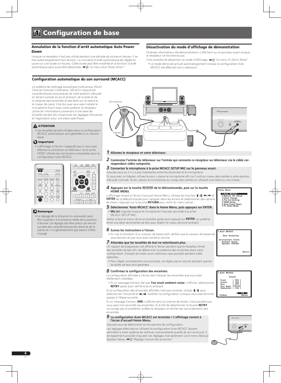 Configuration de base, Portable / mcacc setup mic phones standby/on, Configuration automatique du son surround (mcacc) | Désactivation du mode d’affichage de démonstration | Pioneer VSX-S300 User Manual | Page 8 / 32