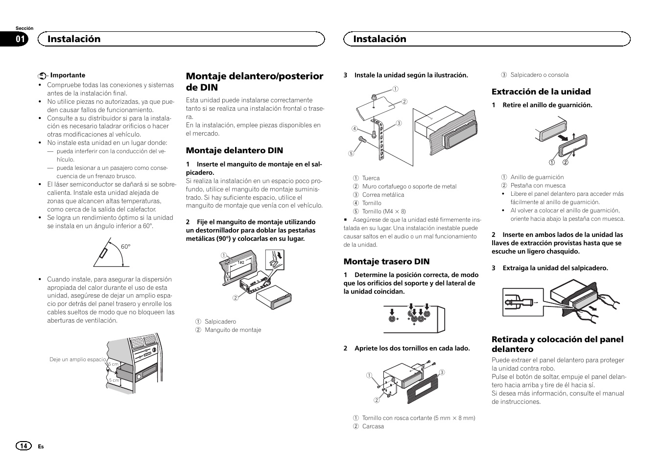 Español, Montaje delantero/posterior de din, Instalación | Pioneer DEH-4400BT User Manual | Page 14 / 32