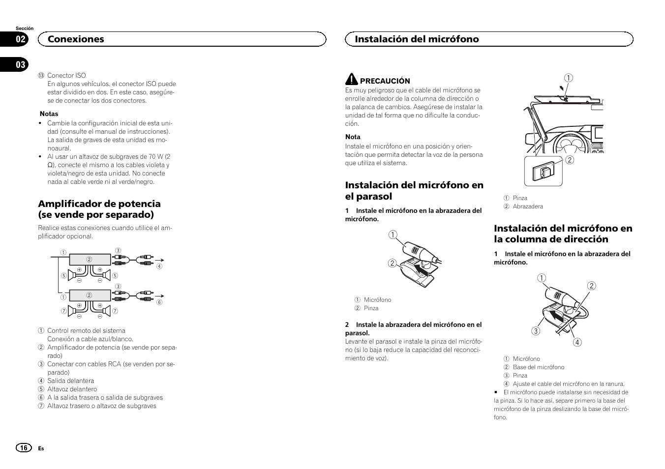 Amplificador de potencia (se vende por separado), Instalación del micrófono en el parasol, Conexiones | Instalación del micrófono | Pioneer DEH-4400BT User Manual | Page 16 / 32