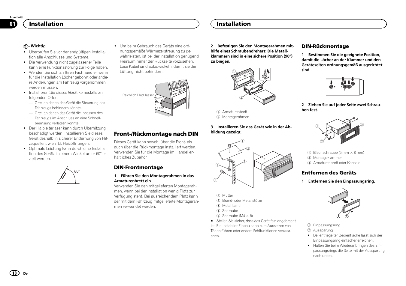 Deutsch, Front-/rückmontage nach din, Installation | Pioneer DEH-4400BT User Manual | Page 18 / 32