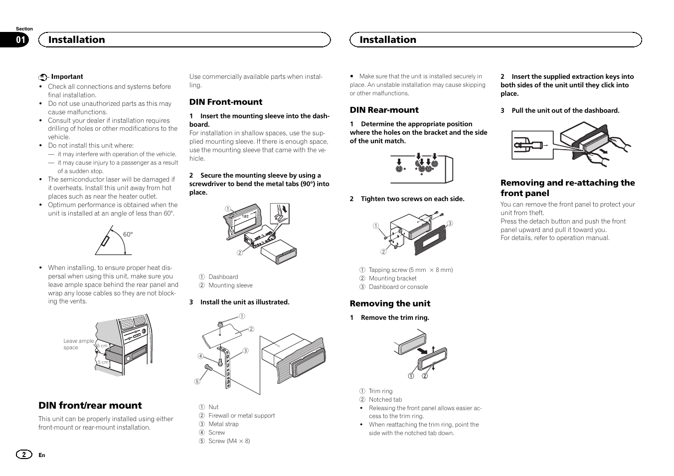 English, Din front/rear mount, Installation | Pioneer DEH-4400BT User Manual | Page 2 / 32