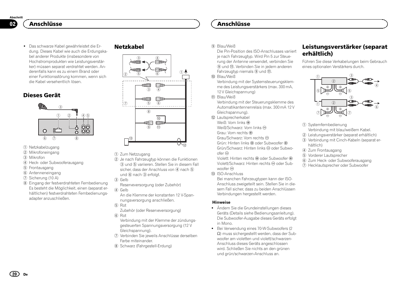 Dieses gerät, Netzkabel, Leistungsverstärker (separat erhältlich) | Anschlüsse | Pioneer DEH-4400BT User Manual | Page 20 / 32