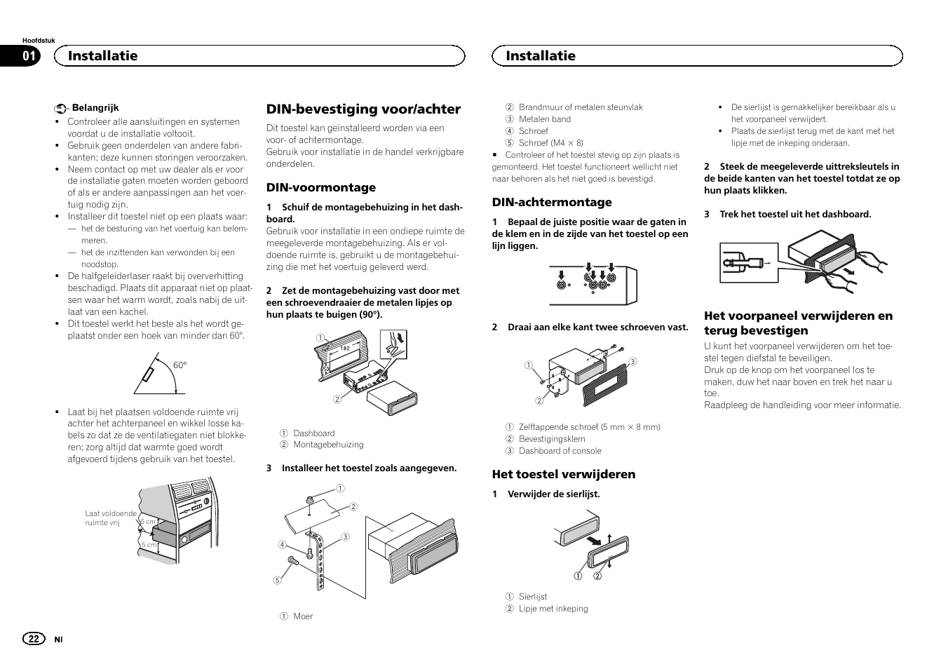 Nederlands, Din-bevestiging voor/achter, Installatie | Pioneer DEH-4400BT User Manual | Page 22 / 32