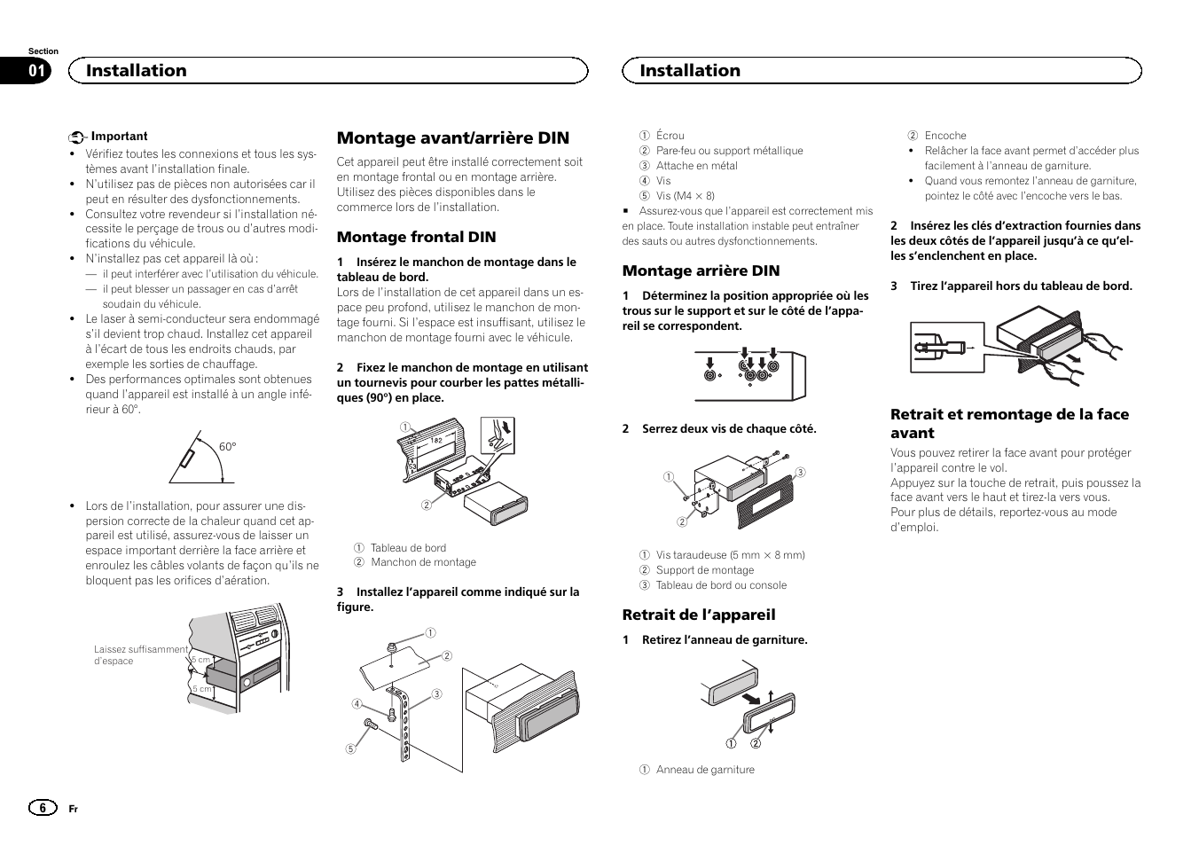 Français, Montage avant/arrière din, Installation | Pioneer DEH-4400BT User Manual | Page 6 / 32