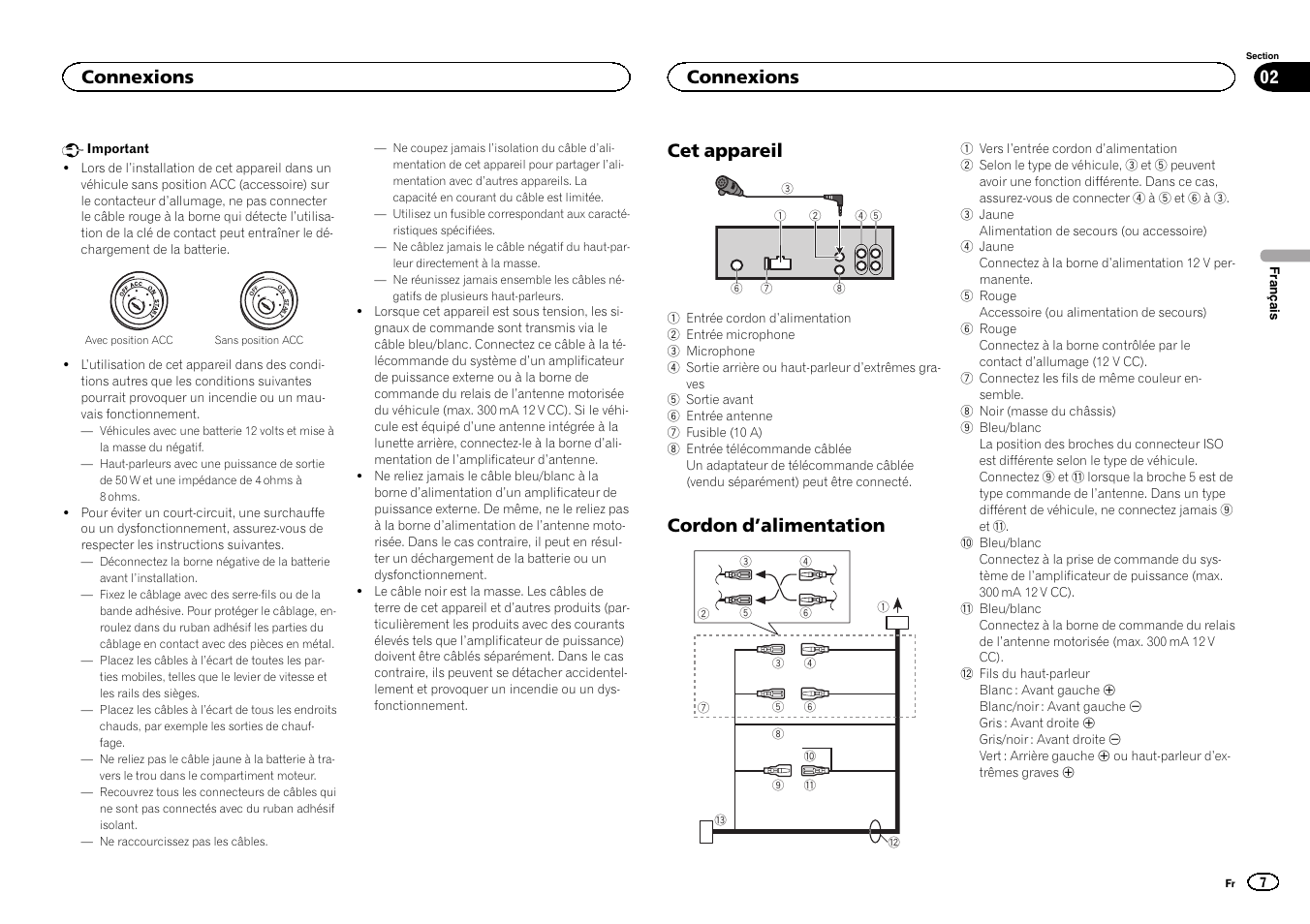 Cet appareil, Cordon d ’alimentation, Connexions | Pioneer DEH-4400BT User Manual | Page 7 / 32