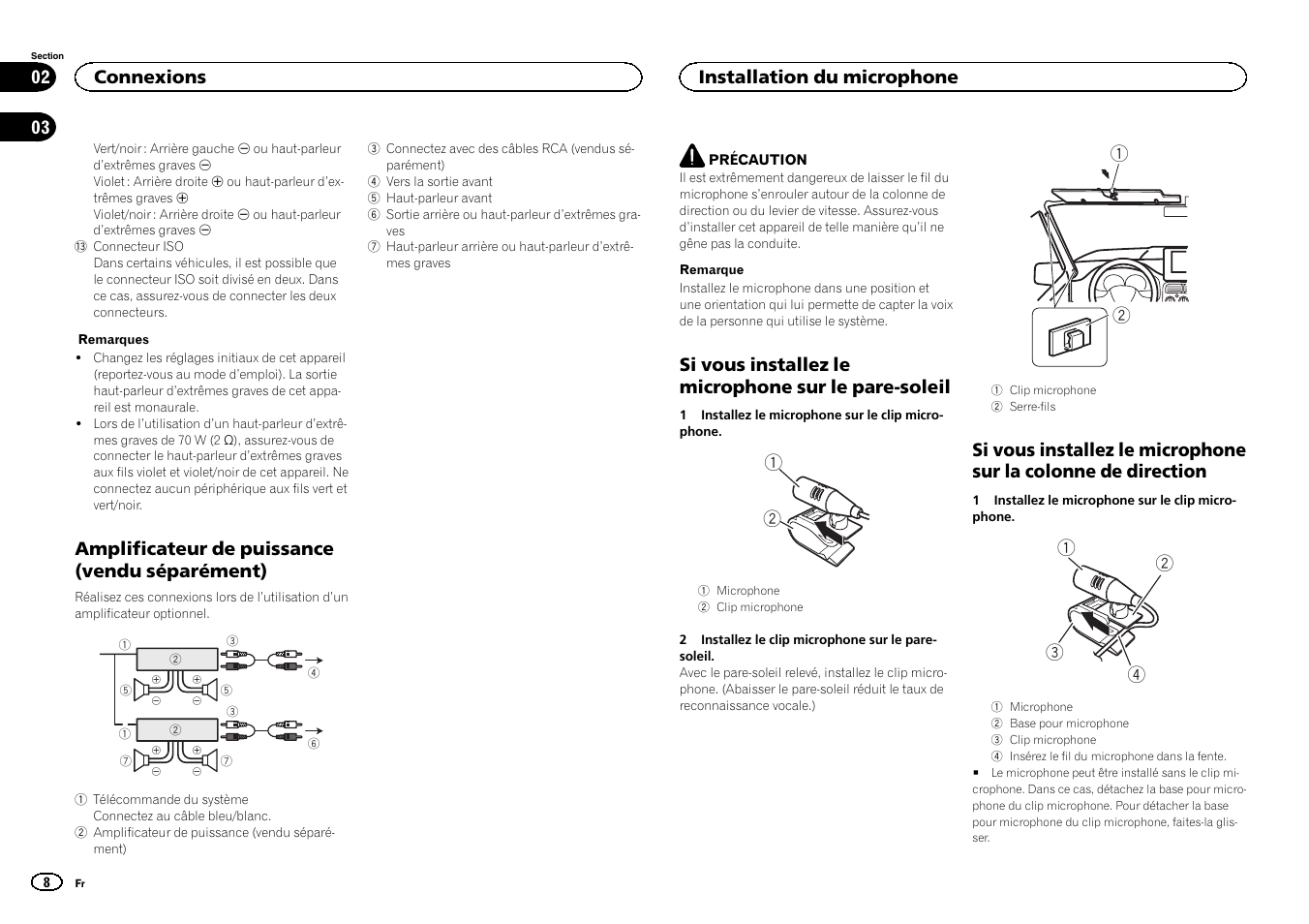 Amplificateur de puissance (vendu séparément), Si vous installez le microphone sur le pare-soleil, Connexions | Installation du microphone | Pioneer DEH-4400BT User Manual | Page 8 / 32
