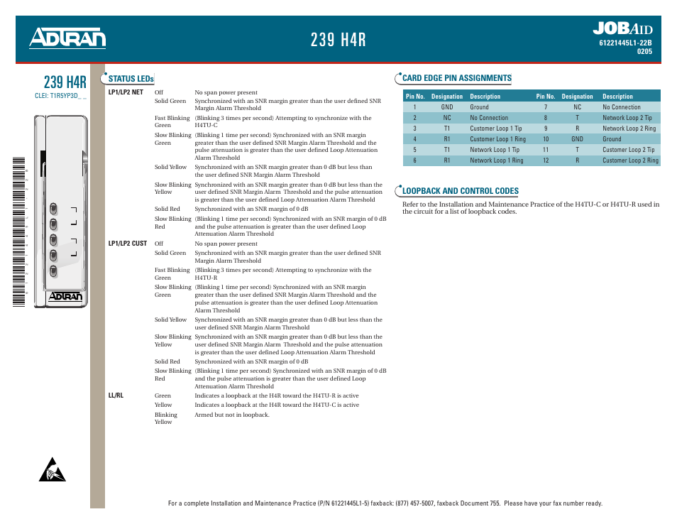 ADTRAN 239 H4R User Manual | 2 pages