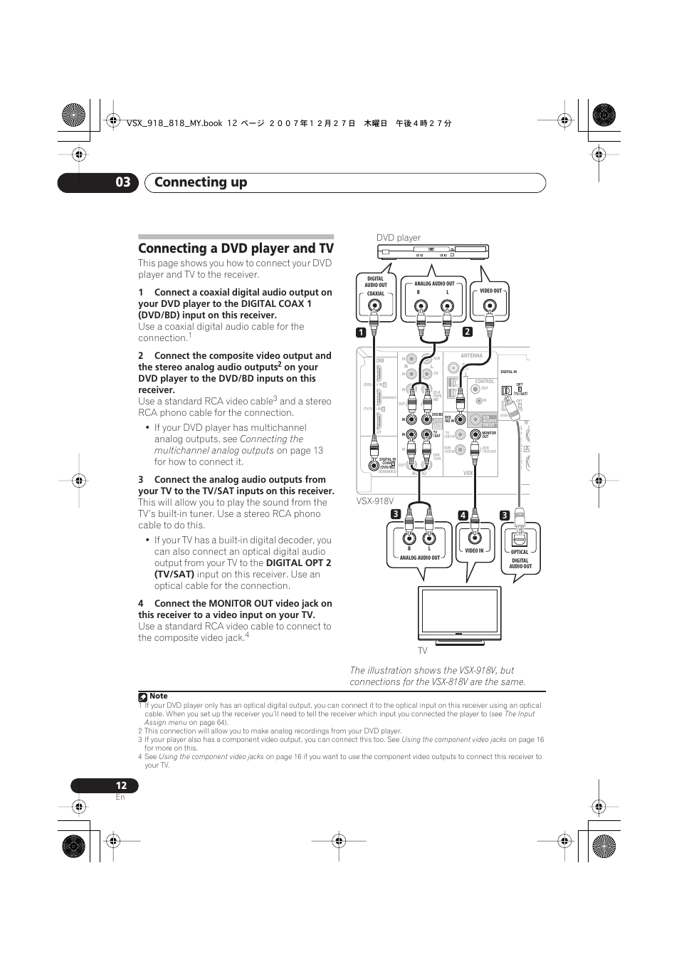 Connecting a dvd player and tv, Connecting up 03, Use a standard rca video cable | Connecting the multichannel analog outputs, On page 13 for how to connect it, Digital opt 2 (tv/sat) | Pioneer VSX-818V-K User Manual | Page 12 / 73
