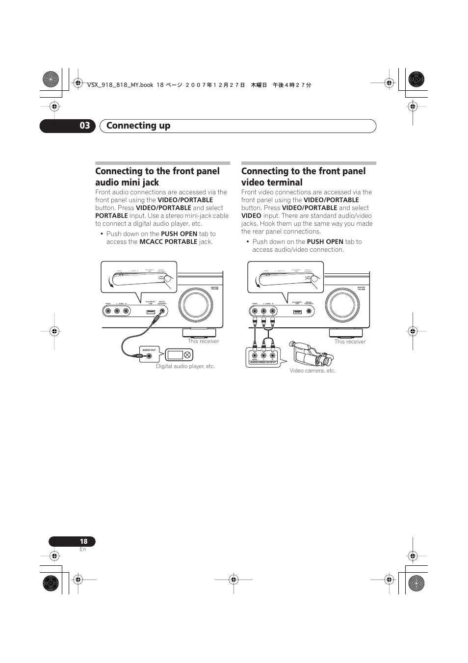 Connecting to the front panel audio mini jack, Connecting to the front panel video terminal, Connecting up 03 | Video/portable, Button. press, And select, Portable, Push open, Tab to access the, Mcacc portable | Pioneer VSX-818V-K User Manual | Page 18 / 73